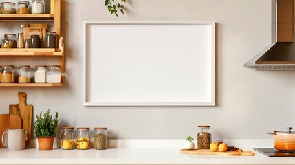 A white rectangular frame in a modern kitchen, hung above the counter, surrounded by wooden shelves, jars, and a plant. HD 8K mockup wallpaper Photographic Image
