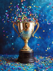 Golden Trophy Surrounded by Colorful Confetti on Blue Background