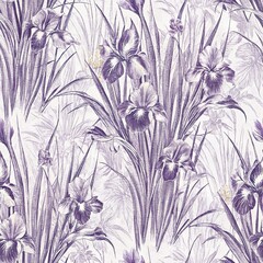 Seamless pattern, pattern, watercolor, vintage pattern with purple irises and swirls, elegant iris flowers with decorative elements, botanical illustration of irises with luxurious details