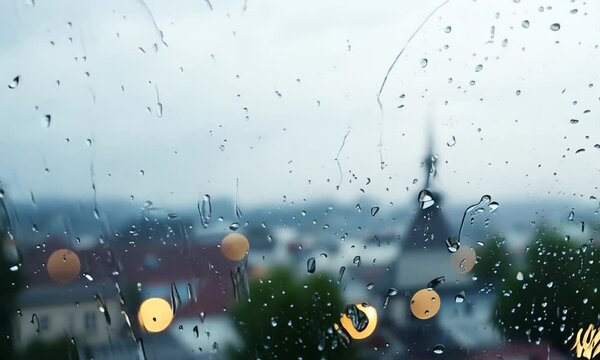 Window at rainy day on blur city background. Wet raindrops on window glass. Abstract raindrop scenery background.
