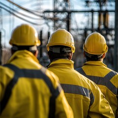 Three workers in yellow safety gear at an industrial power facility.