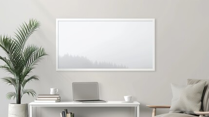 A white rectangular frame in a modern living room above a side table with a cup, a laptop, and a few books. HD 8K mockup wallpaper Photographic Image
