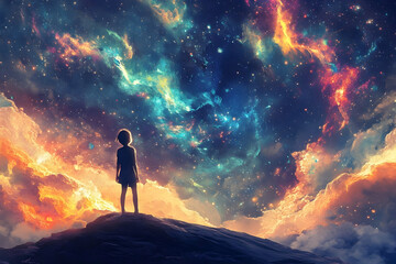 Fototapeta premium A small figure stands on a hill beneath a vibrant cosmic nebula, rich colors and stars conveying wonder, curiosity, and limitless imagination.