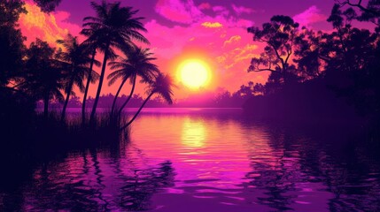 Sunset Serenity: Captivating shot of a breathtaking sunset reflecting on the serene waters with silhouettes of palm trees, evoking a sense of peace and tranquility.