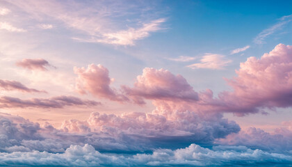 Obraz premium Fantasy sky with sugar cotton pink pastel clouds in a dreamy background