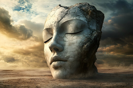 A colossal cracked stone face lies half-buried in an arid landscape under dramatic skies, evoking lost civilizations, time, and surreal mystery.