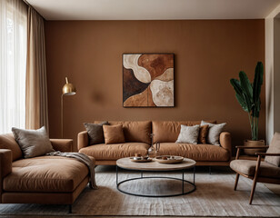 Interior of living room with green houseplants and sofas