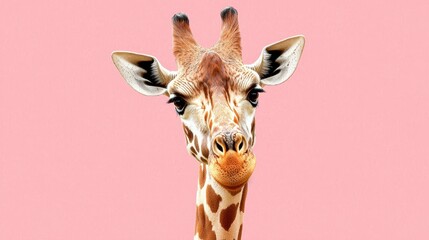 Obraz premium Playful Giraffe with Pink Background in Unique Close-Up Shot