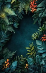 Vibrant tropical foliage forms a lush green frame with orange flowers against a dark background.