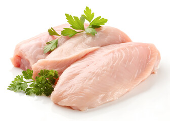Raw chicken meat in breast part with Chinese parsley leaves in heap isolated on white background generated with AI