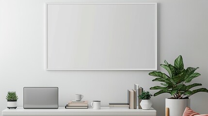 A white rectangular frame in a modern living room, displayed above a side table with a laptop, a cup, and a few books. HD 8K mockup wallpaper Photographic Image
