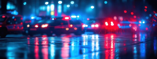 Night city street with blurred police car lights illuminating the wet pavement.