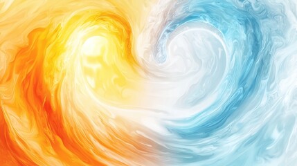 Fototapeta premium A captivating dynamic abstract background showcases swirling color waves with an opening to reveal the sun and sky. It combines blue water, orange flames, yellow sunlight, and white clouds.