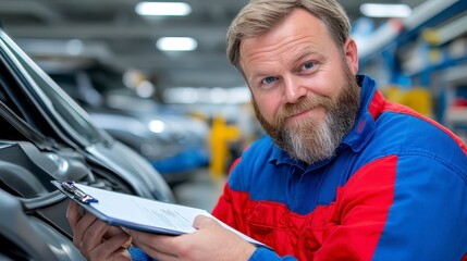Auto Mechanic Examining Car Parts In A Garage