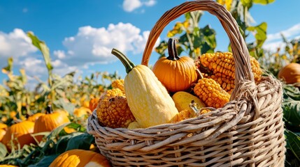 Autumn Harvest Basket Full Of Pumpkins And Squash
