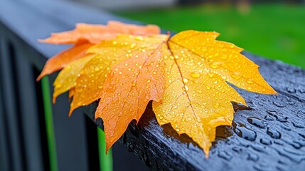 Autumn Leaves With Water Droplets On Dark Fence