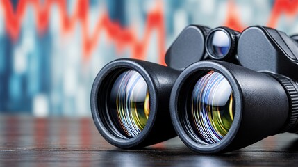 Black Binoculars on Wooden Surface with Abstract Financial Charts Background