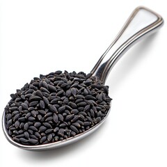 Black Seeds in Metal Spoon on White Background