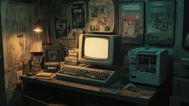 Vintage Desktop Setup in Dimly Lit Room with Retro Accessories