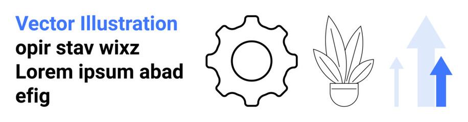 Gear, potted plant, and upward arrows symbolizing progress, productivity, growth, and development. Ideal for business, innovation, strategy success improvement technology flat landing page banner