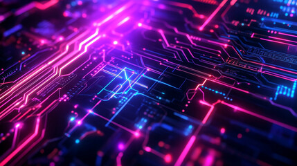 Obraz premium A close up view of a circuit board with pink and blue neon lights illuminating the pathways and nodes