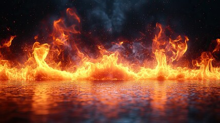 Vibrant flames dance and rise from a burning surface against a dark backdrop, a mesmerizing display of fire and energy, showcasing combustion's raw power.