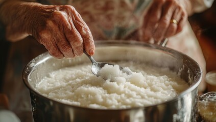 Fototapeta premium Elderly woman's hands stirring a pot of steaming, creamy white rice porridge with a metal spoon.