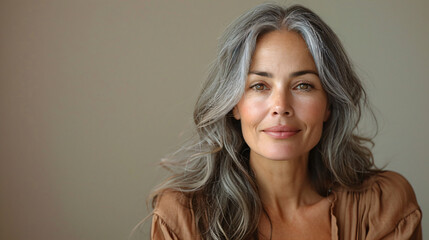 Calm Mature Middle Eastern Woman with Kind Expression on Creamy Beige Backdrop – Women's Day