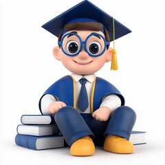 Cartoon Boy In Graduation Cap Sitting On Books