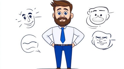 Cartoon Businessman Character With Facial Expressions And Thought Bubbles