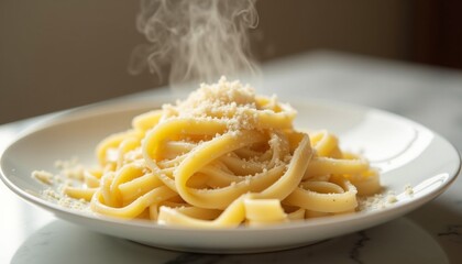 AI Generated Steaming Hot Fettuccine Pasta with Grated Parmesan Cheese on White Plate  
