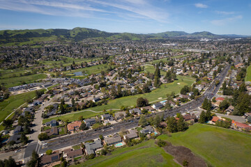 Houses and Green Hills in City San Ramon, San Francisco East Bay, California