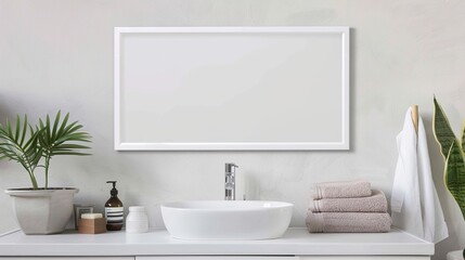 Fototapeta premium A white rectangular frame in a peaceful bathroom, mounted above a white sink, with a clean mirror, towels, and a potted plant HD 8K mockup wallpaper Photographic Image 