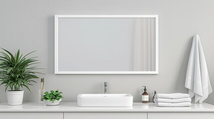 Fototapeta premium A white rectangular frame in a peaceful bathroom, mounted above a white sink, with a clean mirror, towels, and a potted plant HD 8K mockup wallpaper Photographic Image 
