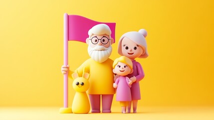 Cartoon Family with Pet Rabbit and Pink Flag 3D Render