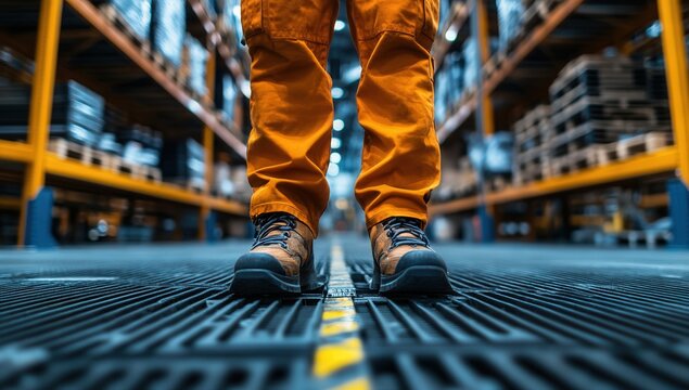 Worker in vibrant orange gear stands confidently in a busy warehouse environment.