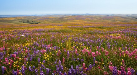 Fototapeta premium Colorful wildflower field in bloom on a sunny day in springtime