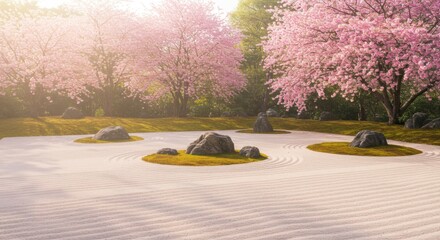 Beautiful Japanese garden with blooming cherry blossoms and raked sand