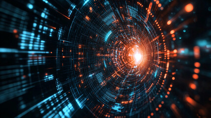 Abstract tunnel with glowing light at the end and blue and orange geometric patterns around it