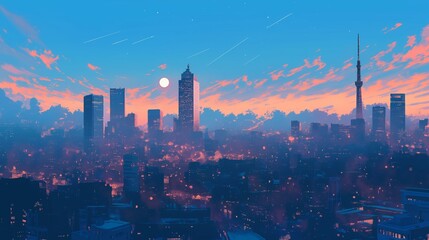 Obraz premium 夕暮れ時のネオン輝く高層ビル群と月、80年代レトロポップな背景素材