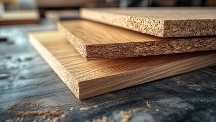 Close-up of plywood and particle board arranged on a workshop table.