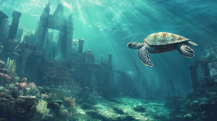 Fototapeta premium Ancient Ruins and Turtle: An underwater scene unfolds, featuring an ancient submerged city with weathered columns and coral formations, and a graceful sea turtle gliding through the sunlit depths.