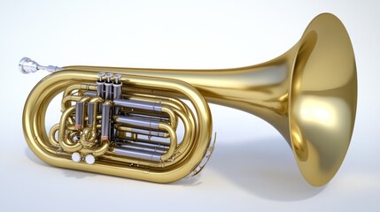 A golden euphonium, a brass musical instrument, lies isolated on white.