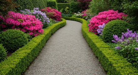 Vibrant garden path surrounded by blooming azaleas and lilacs in spring
