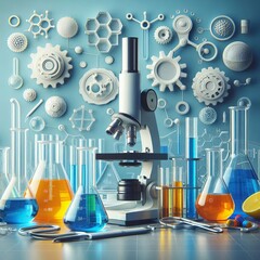 An arrangement of science lab equipment like beakers and test tu