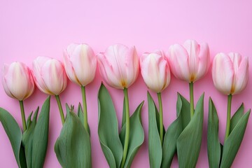 Obraz premium Delicate Bloom: Seven pastel-pink tulips stand tall in a row against a soft pink backdrop, evoking feelings of spring and serenity. capturing a sense of delicate beauty.
