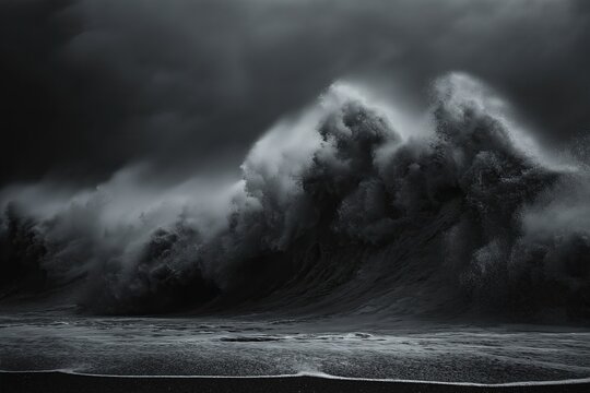 Powerful storm waves crashing on volcanic black sand beach with frozen sea spray, high contrast dynamics for coastal conservation projects and adventure tourism visuals.