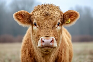 Portrait of brown calf in dry grassy field looking forward