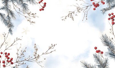 Winter watercolor background presentation design with text space for display, winter branches and berries, pine twigs and snowflakes on a white background with empty center area for text,

