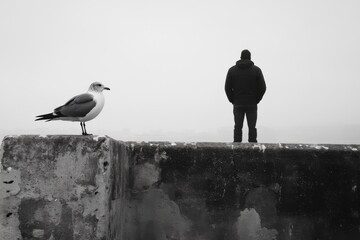 Obraz premium Black and white silhouette of a man standing near a seagull on a wall by the sea